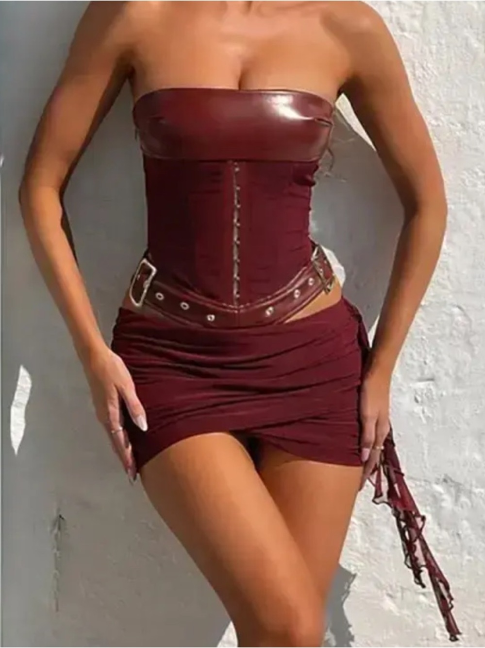 OUTCAST CLOTHING inspo Women’s Burgundy Two-Piece Leather Skirt Set